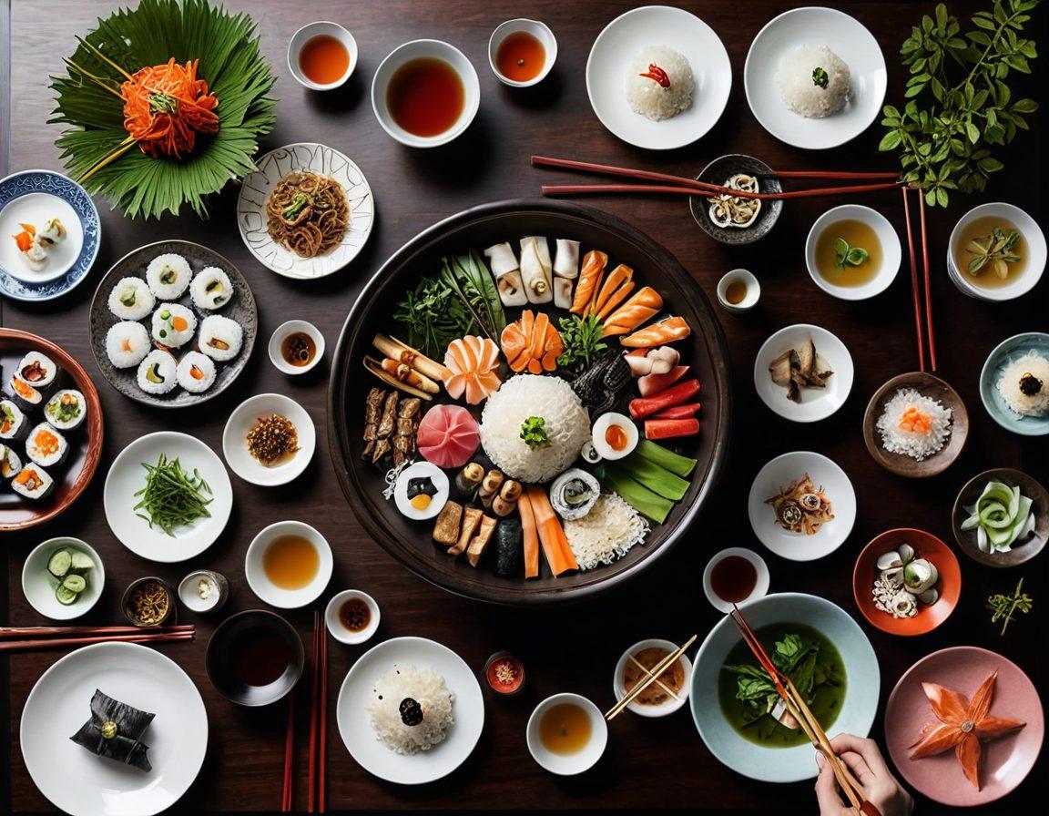 A beautifully arranged traditional Asian dining table featuring elegant chopsticks beside exquisite dishes, vibrant colors, and intricate designs. Include elements like a steaming bowl of rice, colorful sushi, and decorative tea cups surrounded by lush greenery. Integrate cultural motifs in the table setting to represent the depth of Asian culture. super-realistic. vibrant colors. 3D.