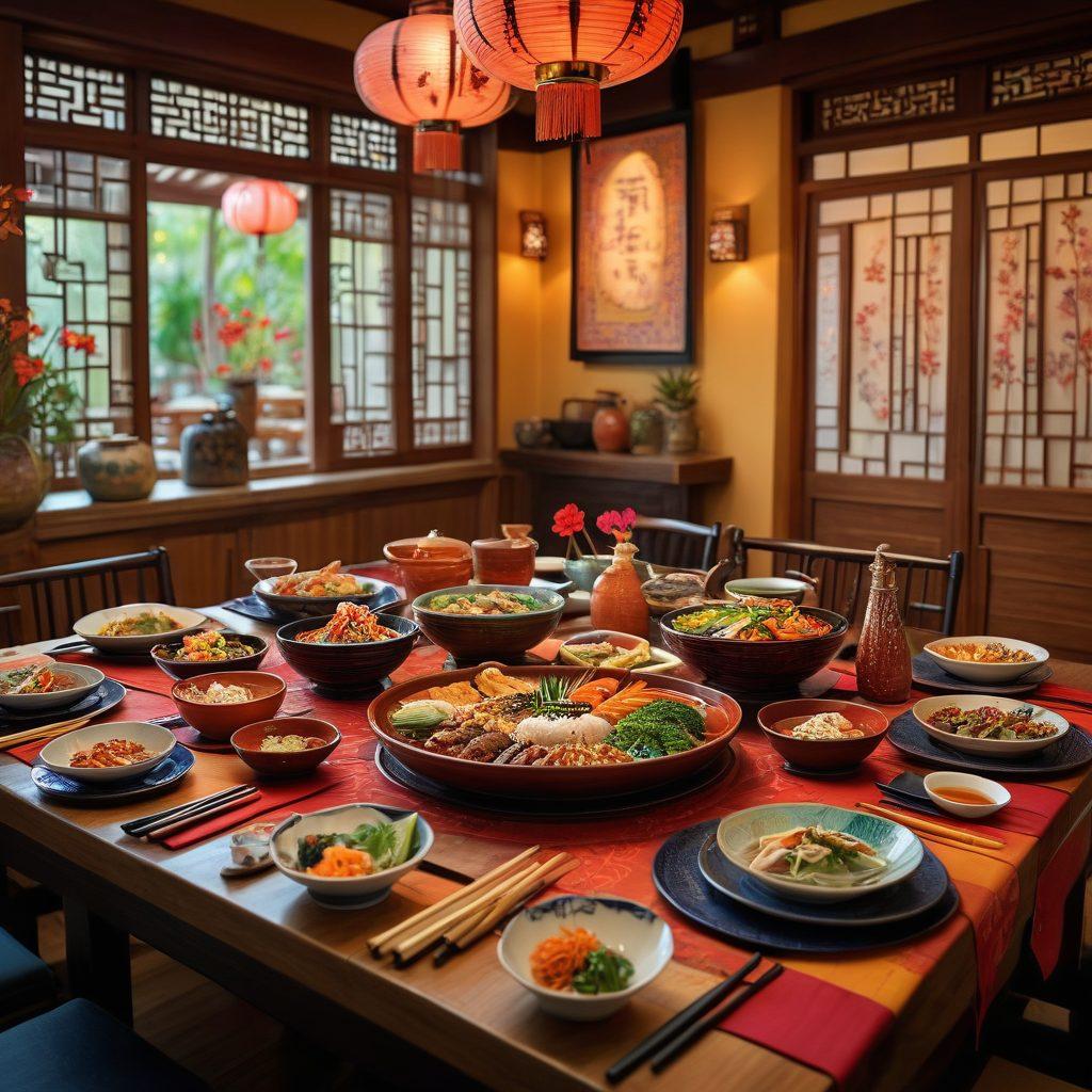 A vibrant table setting featuring an array of colorful Asian dishes elegantly arranged with intricate chopsticks placed atop. Showcase an inviting atmosphere with soft lighting, delicate floral accents, and traditional Asian decor in the background. Include a glimpse of a diverse group of people joyfully enjoying a meal together, emphasizing the cultural significance of chopsticks. super-realistic. vibrant colors. warm ambiance.