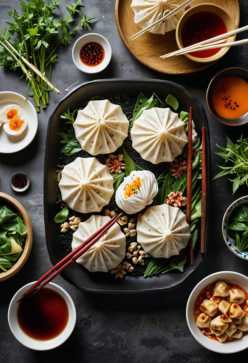 A vibrant scene featuring a pair of colorful chopsticks gracefully picking up bright, steaming dumplings, surrounded by a traditional Asian dining setup with ornate dishes and lush green plants. Soft, inviting lighting enhances the cheerful atmosphere, embodying the joy of Asian cuisine. The background showcases decorative elements like lanterns and bamboo, adding cultural richness. super-realistic. vibrant colors. white background.